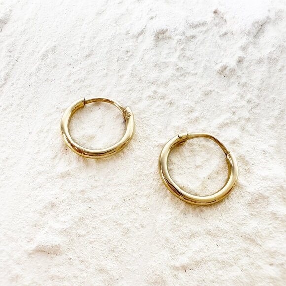 18k Solid Gold Hoops earrings plain small Huggies, real gold earrings - Picture 3 of 5